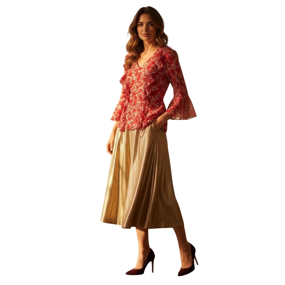 Alfani Red Floral‎ Ruffle V-Neck Blouse Holiday Office Size PL